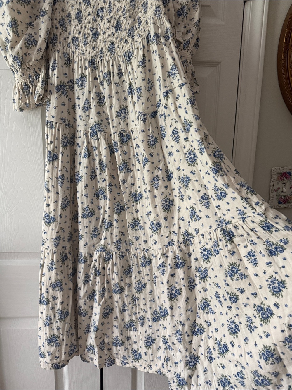 Cream and Blue Floral Smocked Puff-Sleeve Midi Dress - Picture 4 of 4